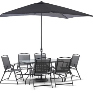 Kompletny Zestaw Ogrodowy Risari, Stół 160cm plus 6 krzeseł, parasol Składany